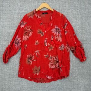 Park Moda Floral Blouse Roll Tab Sleeve Button Up Lightweight Red Sz S Boho